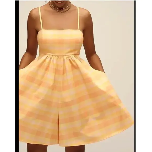 $158 Anthropologie HUTCH Bandeau Romper | sz L, Orange Yellow Plaid NEW! - Picture 5 of 11